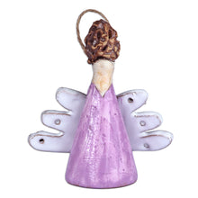 Load image into Gallery viewer, Painted Angel-Themed Purple Glazed Ceramic Bell Ornament - Purple Angelic Melodies | NOVICA
