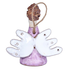 Load image into Gallery viewer, Painted Angel-Themed Purple Glazed Ceramic Bell Ornament - Purple Angelic Melodies | NOVICA
