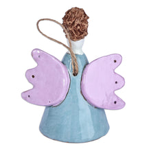 Load image into Gallery viewer, Floral Angel-Themed Blue and Purple Ceramic Bell Ornament - Angelic Flower in Blue | NOVICA
