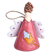 Load image into Gallery viewer, Floral Angel-Themed Red and Orange Ceramic Bell Ornament - Angelic Flower in Red | NOVICA
