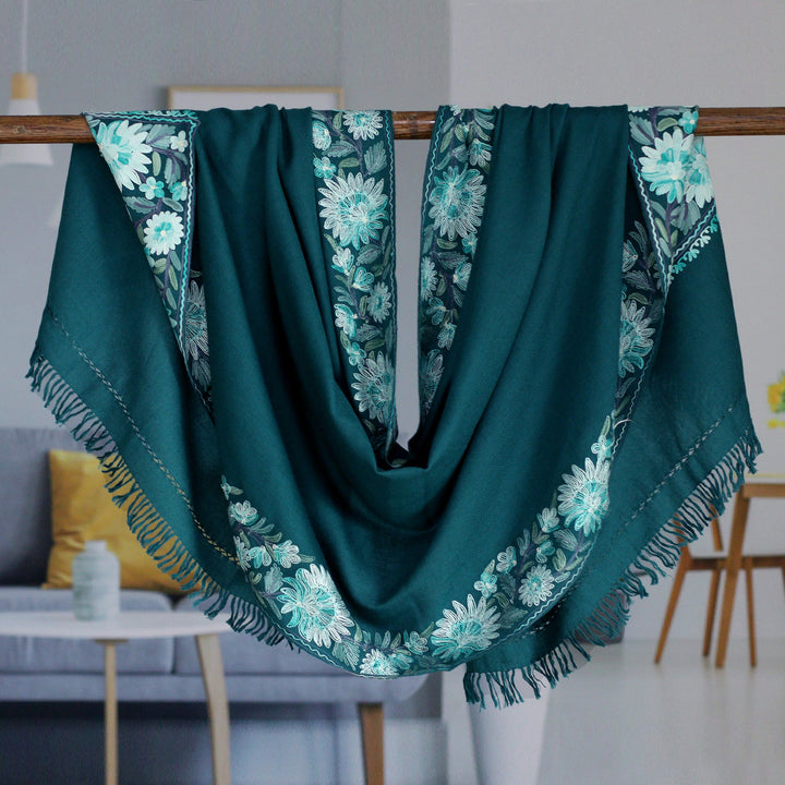 Floral Embroidered Wool and Rayon Shawl in Teal Hues - Teal Glory | NOVICA