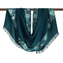 Load image into Gallery viewer, Floral Embroidered Wool and Rayon Shawl in Teal Hues - Teal Glory | NOVICA
