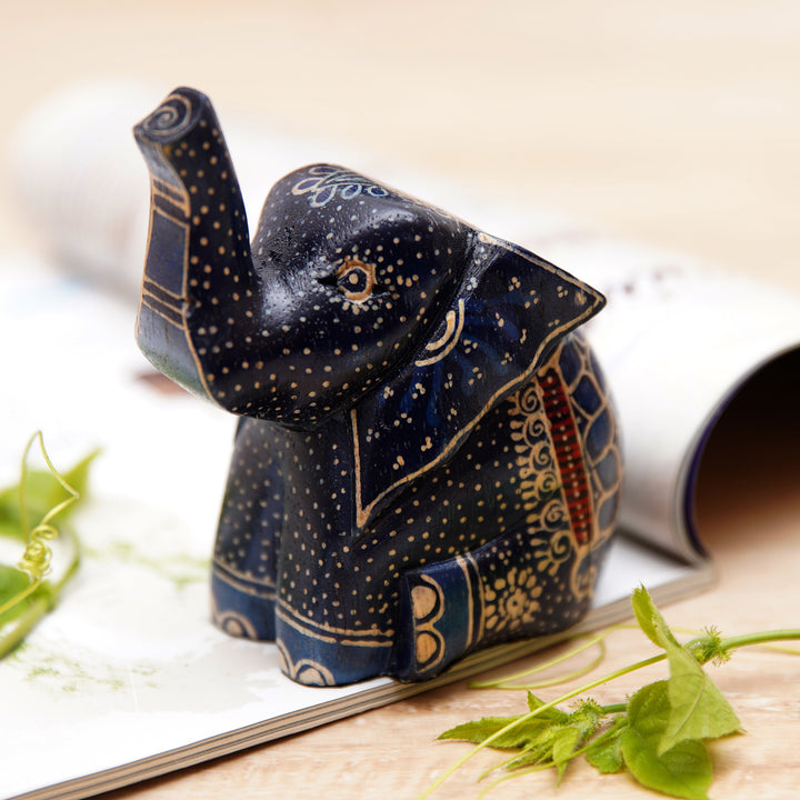 Batik Classic Elephant-Shaped Navy Pule Wood Figurine - Baby Sage | NOVICA