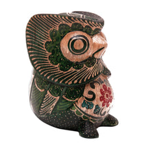 Load image into Gallery viewer, Batik Floral Owlet-Shaped Green Pule Wood Figurine - Midnight Owlet | NOVICA
