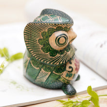 Load image into Gallery viewer, Batik Floral Owlet-Shaped Green Pule Wood Figurine - Midnight Owlet | NOVICA

