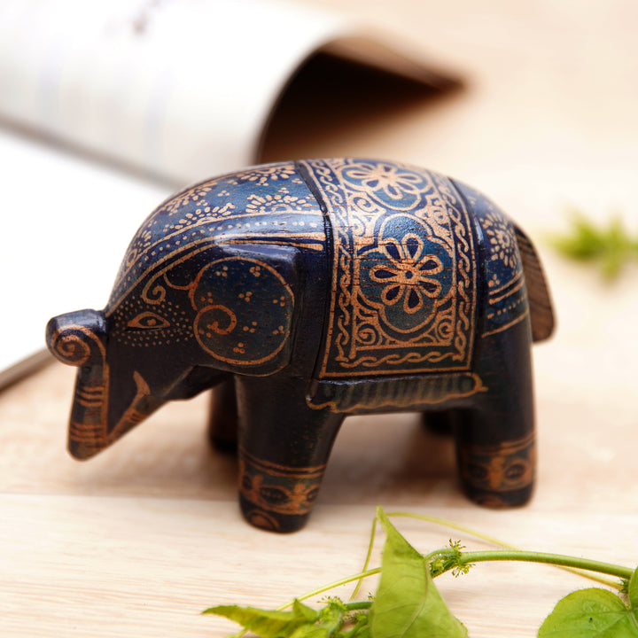 Batik Floral Elephant-Shaped Blue Pule Wood Figurine - Mystic Giant | NOVICA