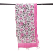 Load image into Gallery viewer, Handcrafted Block-Printed Floral Pink and White Cotton Scarf - Dulcet Passion | NOVICA
