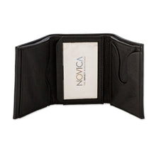 Load image into Gallery viewer, Eco-Friendly Recycled Leather Men's Trifold Wallet in Black - Elegant Organization | NOVICA
