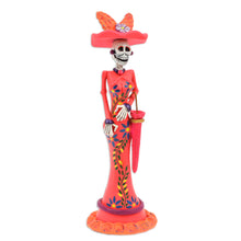 Load image into Gallery viewer, Hand-Painted Floral Lady Catrina Ceramic Sculpture in Red - Lady Catrina in Red | NOVICA
