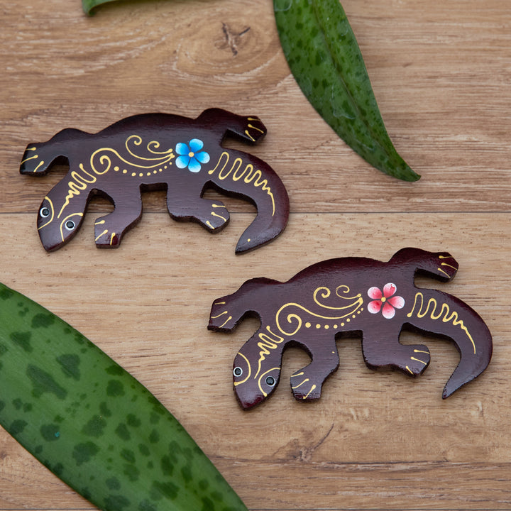 Set of 2 Hand-Painted Floral Lizard-Shaped Wood Magnets - Paradisial Lizards | NOVICA