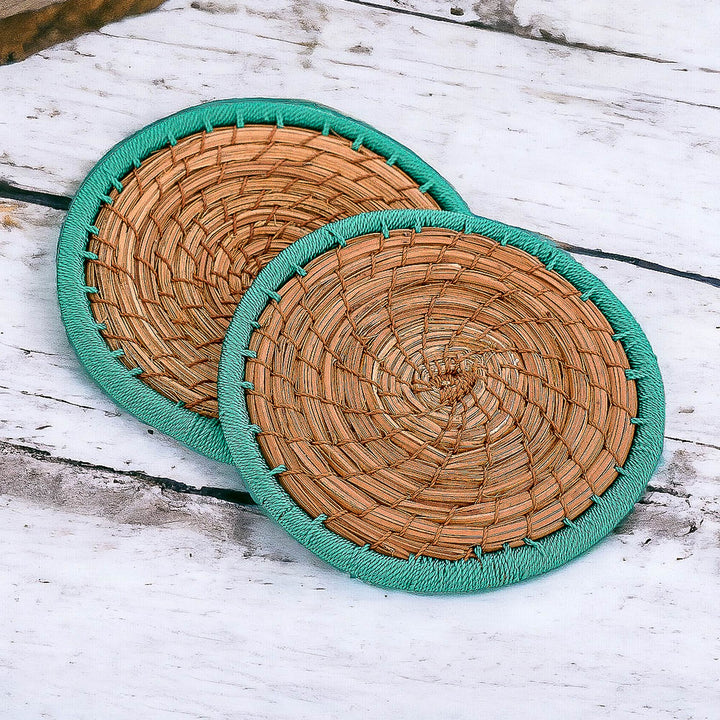 Handcrafted Pine Needle and Polyester Green Coasters (Pair) - Latin Toast in Green | NOVICA