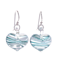 Load image into Gallery viewer, Handblown Glass Heart Dangle Earrings in Green and White - Loving Green | NOVICA
