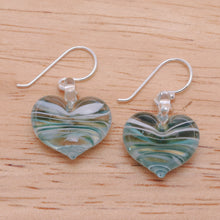Load image into Gallery viewer, Handblown Glass Heart Dangle Earrings in Green and White - Loving Green | NOVICA
