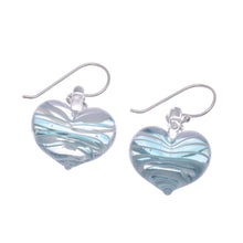 Load image into Gallery viewer, Handblown Glass Heart Dangle Earrings in Green and White - Loving Green | NOVICA
