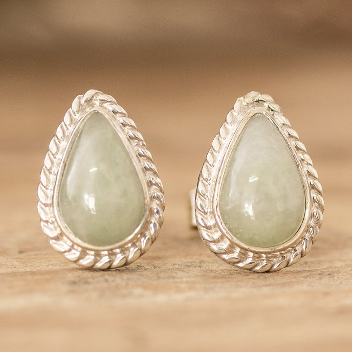 High-Polished Teardrop-Shaped Green Jade Stud Earrings - Teardrop Abundance | NOVICA