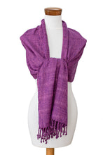 Load image into Gallery viewer, Hand-Woven Textured Fringed Cotton Scarf in Purple and Pink - Purple Serenade | NOVICA
