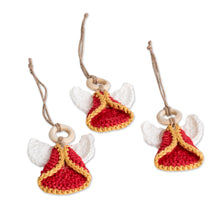 Load image into Gallery viewer, Set of 3 Handcrafted Red Cotton and Wood Angel Ornaments - Lovely Creation | NOVICA
