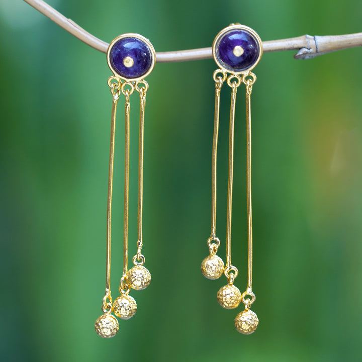 18k Gold-Plated Amethyst Statement Dangle Earrings from Bali - Glorious Rays | NOVICA