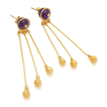 Load image into Gallery viewer, 18k Gold-Plated Amethyst Statement Dangle Earrings from Bali - Glorious Rays | NOVICA
