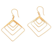 Load image into Gallery viewer, Diamond-Shaped 18k Gold-Plated Brass Dangle Earrings - Victorious Orbits | NOVICA
