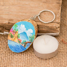 Load image into Gallery viewer, Hand-Carved Pinewood Keychain with Volcano Painting - Volcano Charm | NOVICA
