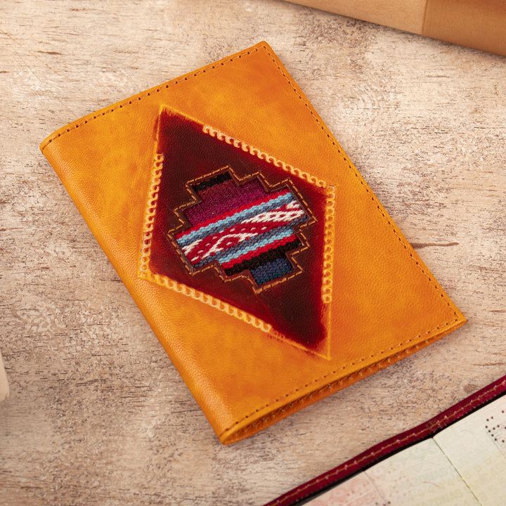 Chakana-Themed Orange Leather Passport Cover from Peru - Chakana Heritage | NOVICA