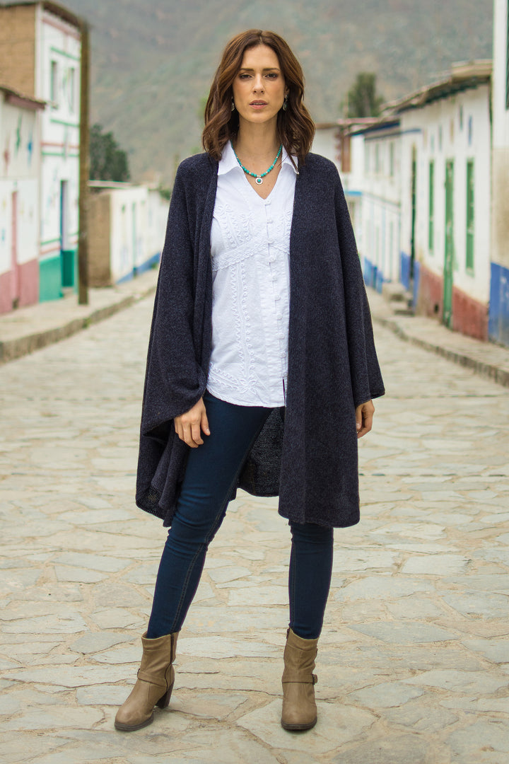 Textured Knit Alpaca Blend Ruana in Blue Shades from Peru - Sea Blue | NOVICA