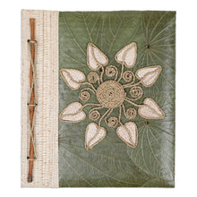 Load image into Gallery viewer, Handmade Natural Fiber Floral Journal with Green Leaves - Magnolia Memories | NOVICA
