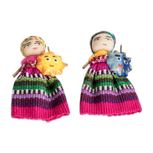 Load image into Gallery viewer, Handmade Cotton and Ceramic Sun and Moon Worry Doll Magnets - Sun &amp; Moon Energies | NOVICA
