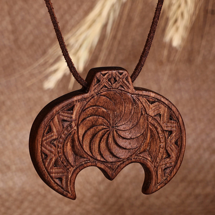 Hand-Carved Traditional Walnut Wood Pendant Necklace - Wisdom Talisman | NOVICA