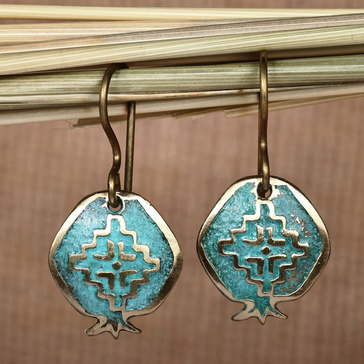 Pomegranate-Shaped Artsakh Sign Brass Dangle Earrings - Mystic Essence | NOVICA