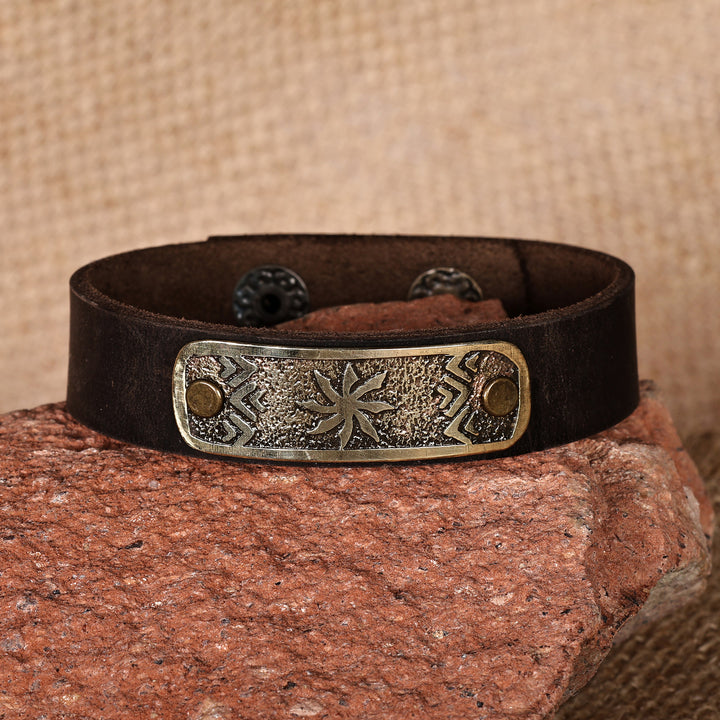 Men's Leather Bracelet with Sun-Themed Brass Pendant - Infinite Harmony | NOVICA