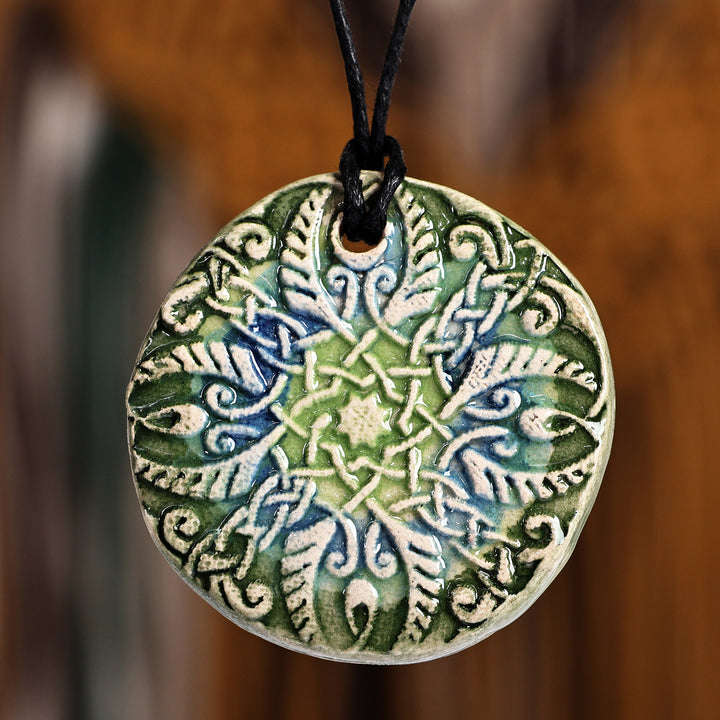 Hand-Painted Green and Blue Floral Ceramic Pendant Necklace - Twilight Harmony | NOVICA