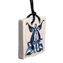 Load image into Gallery viewer, Hand-Painted Classic Leafy Tile Ceramic Pendant Necklace - Superb Blue | NOVICA
