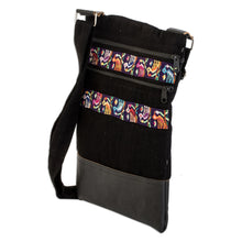 Load image into Gallery viewer, Bird-Themed Leather-Accented Cotton Sling Bag in Black - Avian Night | NOVICA
