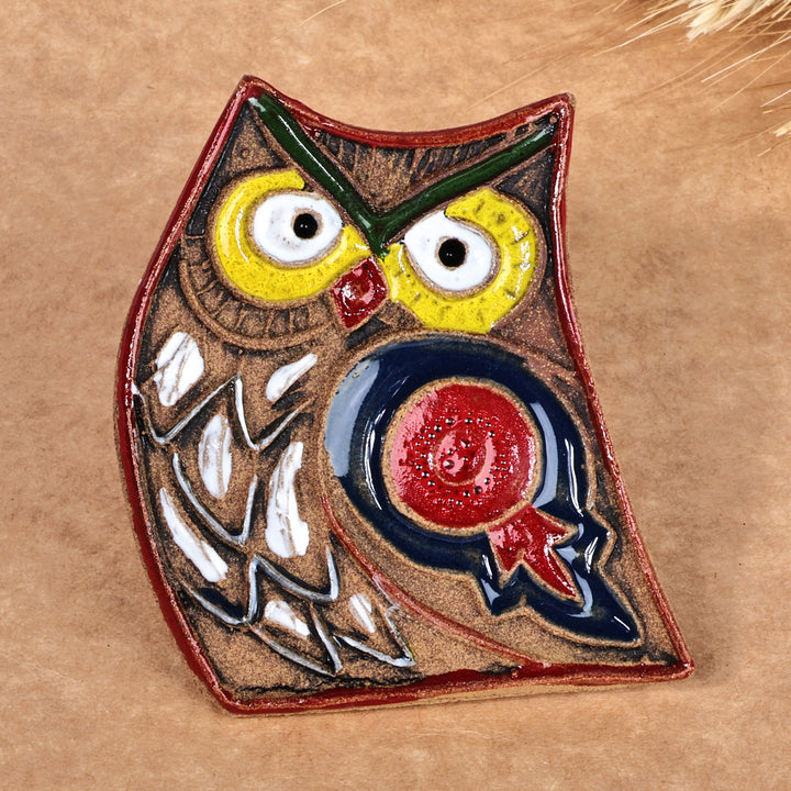 Owl and Pomegranate Ceramic Magnet Hand-Painted in Armenia - Owl Wisdom | NOVICA