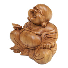Load image into Gallery viewer, Suar Wood Sculpture of Laughing Buddha Hand-Carved in Bali - Blissful Buddha | NOVICA
