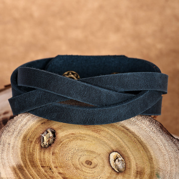 Braided Style Leather Strand Wristband Bracelet in Blue - Braided Cool | NOVICA