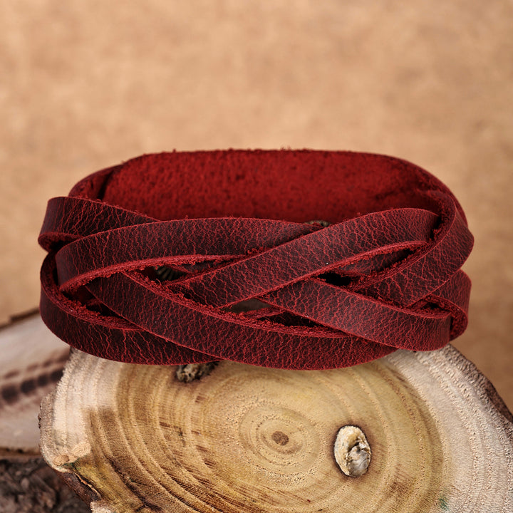 Burgundy Leather Wristband Bracelet with Braided Strands - Braided Energy | NOVICA