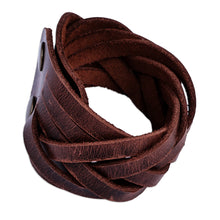 Load image into Gallery viewer, Leather Wristband Bracelet with Braided Strands in Brown - Braided Radiance | NOVICA
