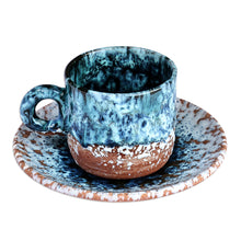 Load image into Gallery viewer, Handcrafted Blue and Brown Ceramic Cup and Saucer - Blue Coffee Breeze | NOVICA
