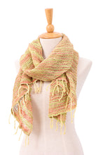 Load image into Gallery viewer, Handmade 100% Cotton Loose Weave Scarf in Green and Orange - Evening Breeze | NOVICA

