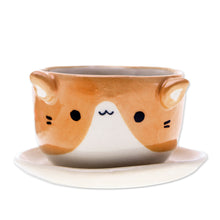 Load image into Gallery viewer, Ceramic Cat Mini Flower Pot with Saucer in Ivory and Orange - Kitty Energy | NOVICA
