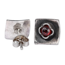 Load image into Gallery viewer, Square Sterling Silver and Natural Garnet Button Earrings - Square Passion | NOVICA
