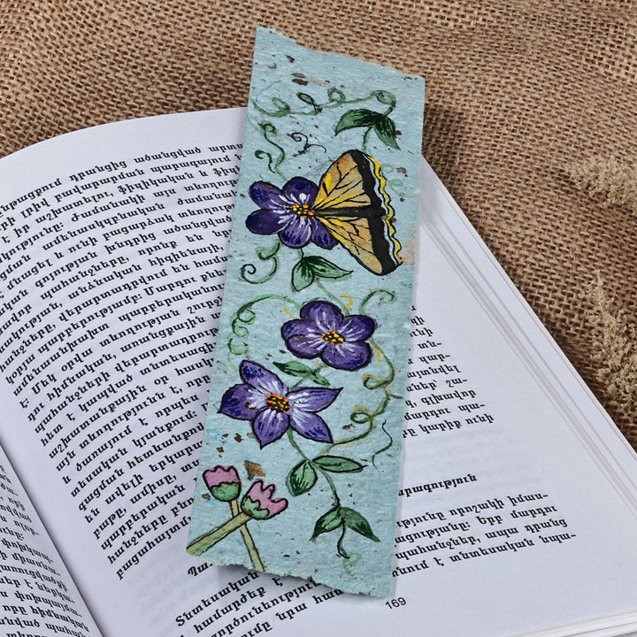 Painted Flower and Butterfly-Themed Recycled Paper Bookmark - Butterfly Petals | NOVICA