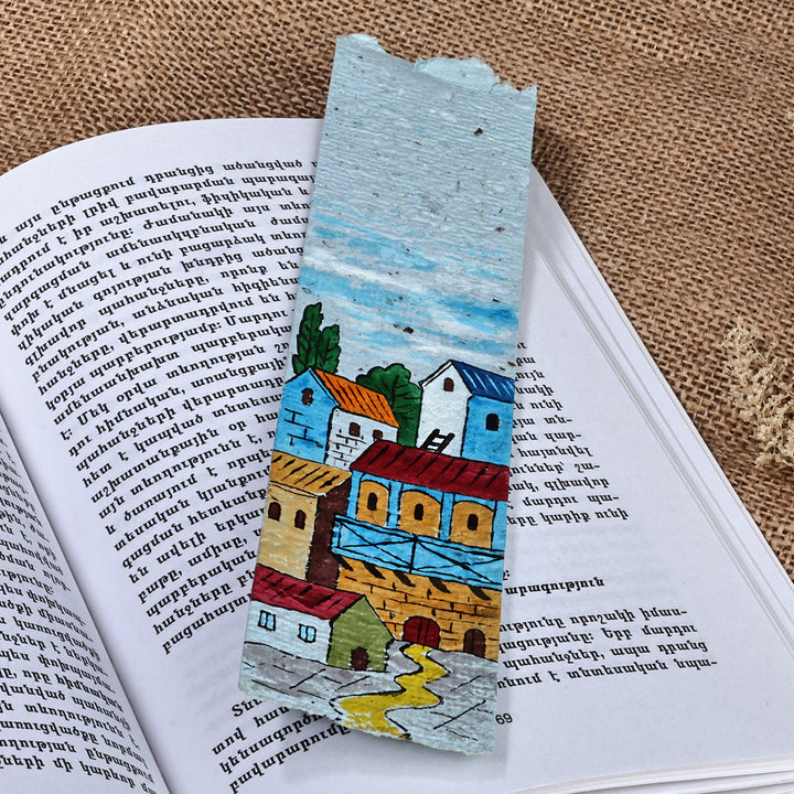 Hand-Painted Cityscape-Themed Recycled Paper Bookmark - Colorful Cityscape | NOVICA