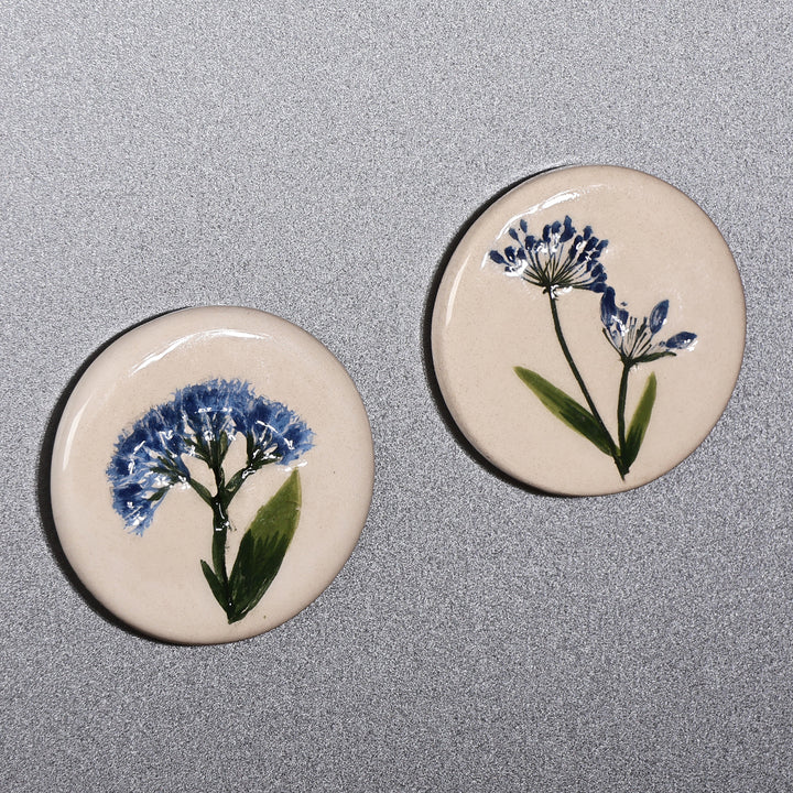 Two Hand-Painted Ceramic Magnets with Blue Flower Motifs - Blue Blooms | NOVICA