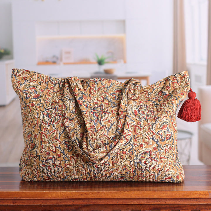 Block-Printed Floral Caramel Quilted Cotton Tote Bag - Weekends Away | NOVICA