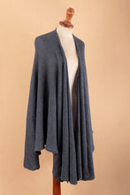 Load image into Gallery viewer, Knit Alpaca Blend Ruana with Textured Crochet Finish in Blue - Steel Blue | NOVICA
