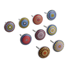 Load image into Gallery viewer, 9 Hand-Painted Ceramic Knobs with Moroccan-Style Motifs - Moroccan Glory | NOVICA

